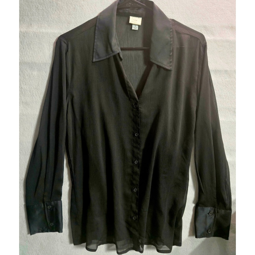 Black Sheer Pleated Button‎ Front Blouse Women's Medium Romantic Goth Witchy